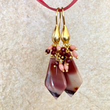 Charger l&#39;image dans la galerie, Mookaite Jasper, Garnet and Pink Coral Cluster Earrings, Gold Vermeil, 53MM

