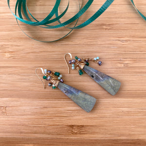 Labradorite with Amazonite, Green Onyx & Black Pearls Cluster Earrings, Gold Filled, 57MM