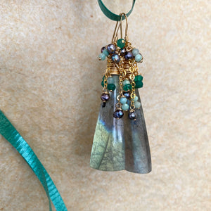 Labradorite, Amazonite, Green Onyx & Black Pearls Cluster Earrings