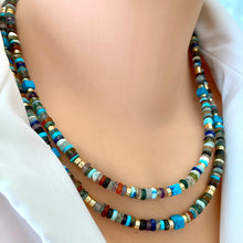 Charger l&#39;image dans la galerie, Mixed Gemstone Tire Beads &amp; Gold Hematite Necklace, Gold Plated Magnetic Clasp, 18&quot;inches
