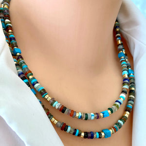 Mixed Gemstone Tire Beads & Gold Hematite Necklace, Gold Plated Magnetic Clasp, 18"inches