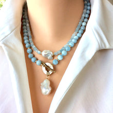 Carica l&#39;immagine nel visualizzatore di Gallery, Delicate Aquamarine Beaded Necklace with Fresh Water White Baroque Pearl
