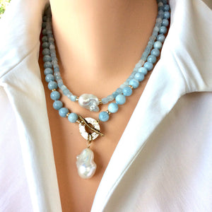 Delicate Aquamarine Beaded Necklace with Fresh Water White Baroque Pearl