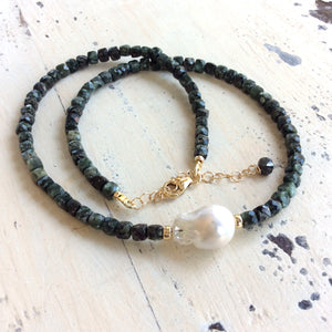 Deep Green Seraphinite Beaded Choker Necklace with White Baroque Pearl and Gold Filled Details, 16.5" inches