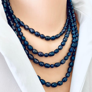 Very Long Peacock Dark Blue Pearl Rope Necklace, 74"in