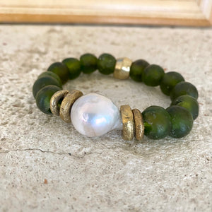 Chunky Stretch Bracelet with Baroque Pearls, Olive Green African Glass, and Tribal Influence