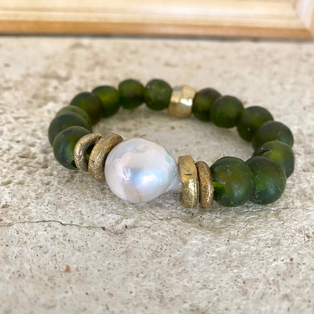 Chunky Stretch Bracelet with Baroque Pearls, Olive Green African Glass, and Tribal Influence
