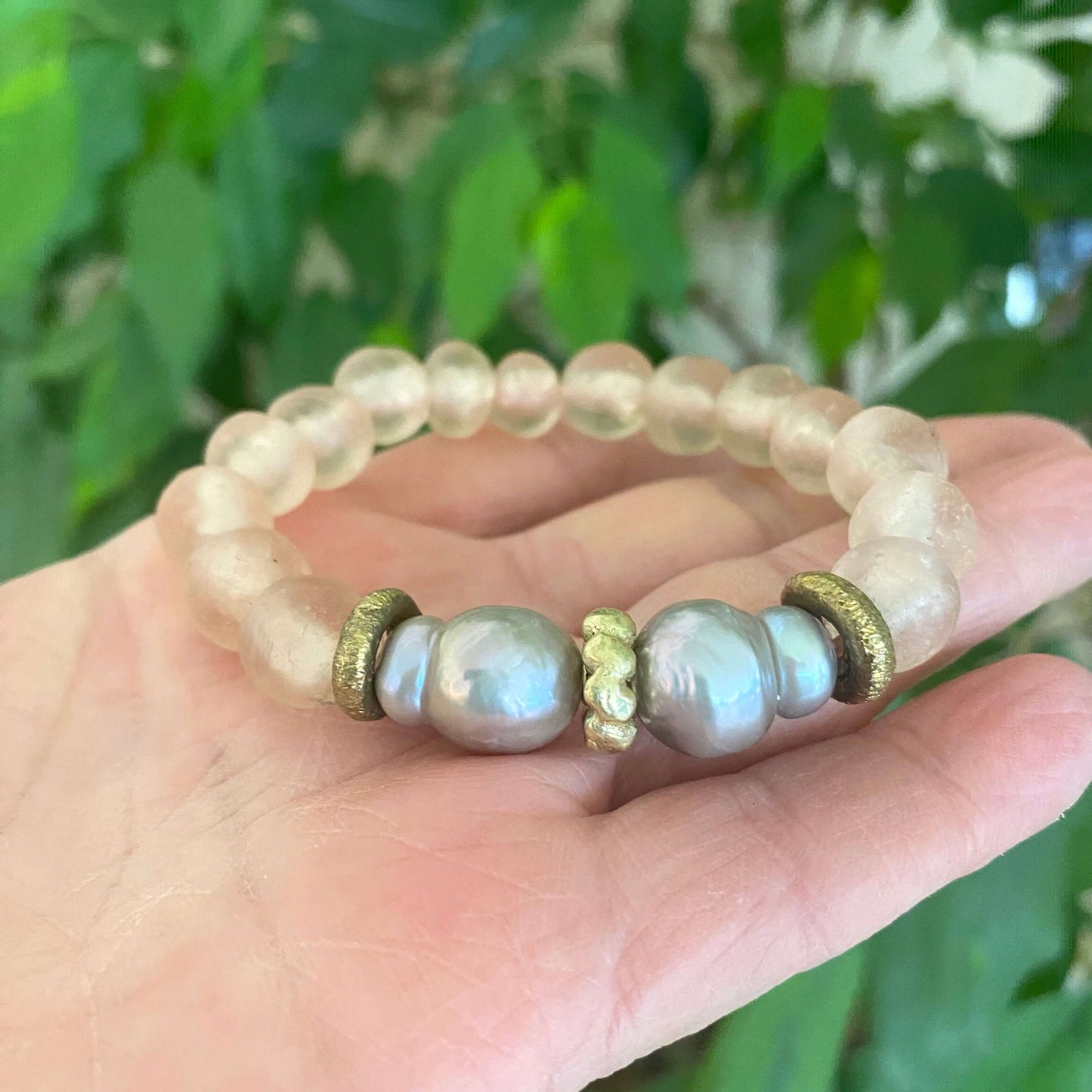 Grey Baroque Pearl Bracelet, Pale Pink Recycled Glass
