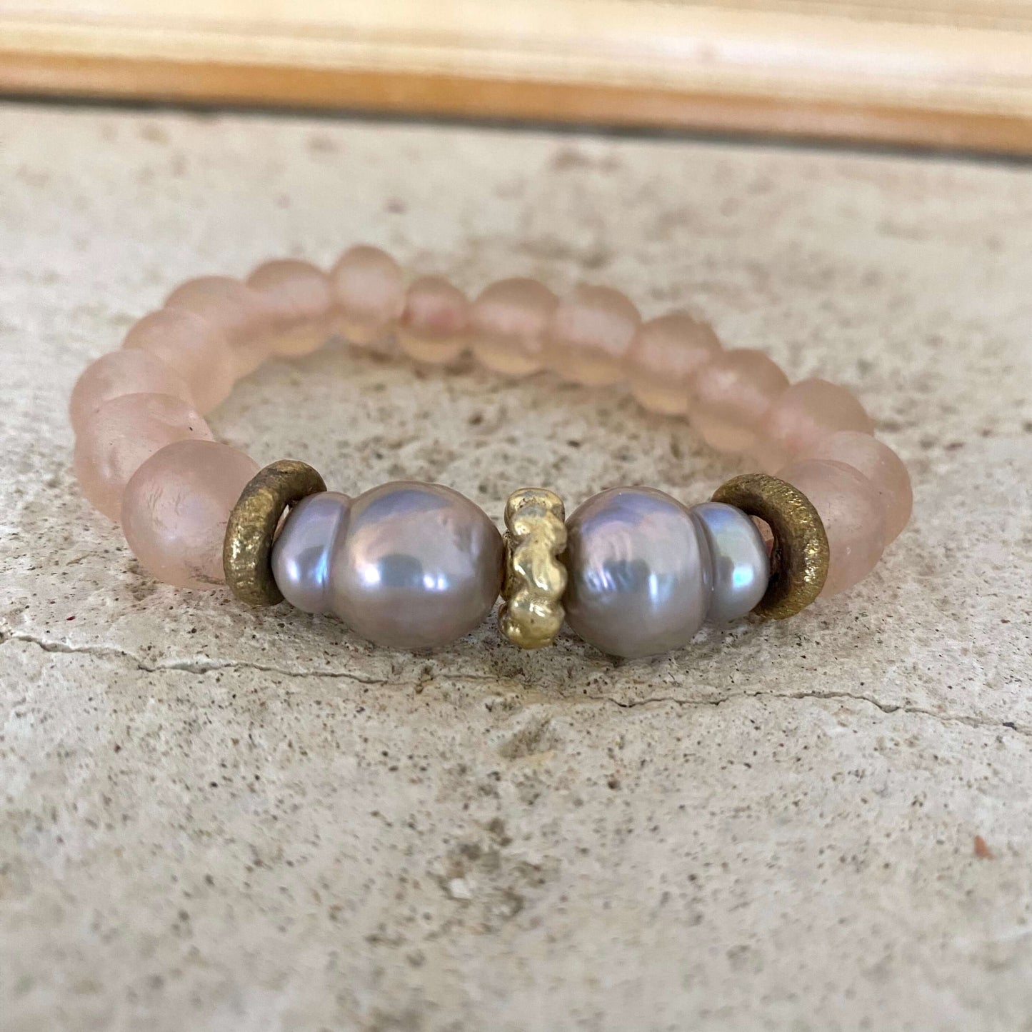 Grey Baroque Pearl Bracelet, Pale Pink Recycled Glass