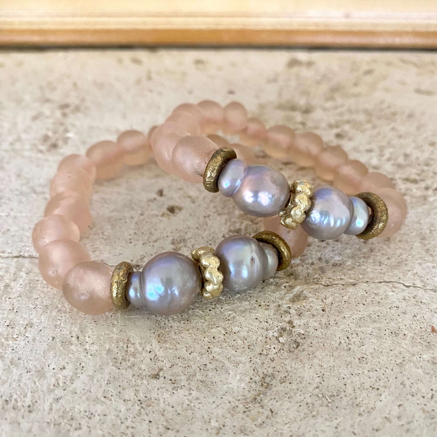 Grey Baroque Pearl Bracelet, Pale Pink Recycled Glass