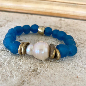Large Baroque Pearl & Deep Ocean Blue African Tribal Recycled Glass Bracelet