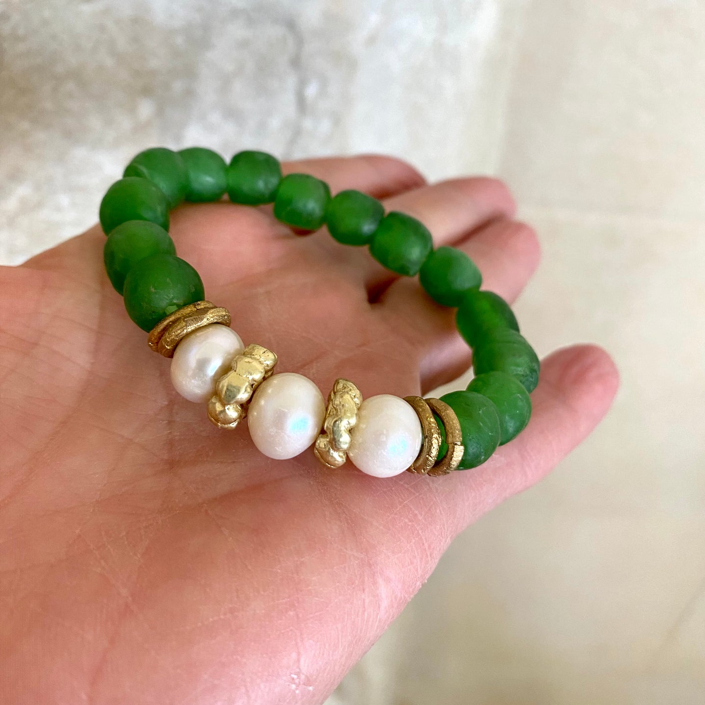 Freshwater Pearl Bracelet, Green African Tribal Recycled Glass, Sea Glass Chunky Bracelet