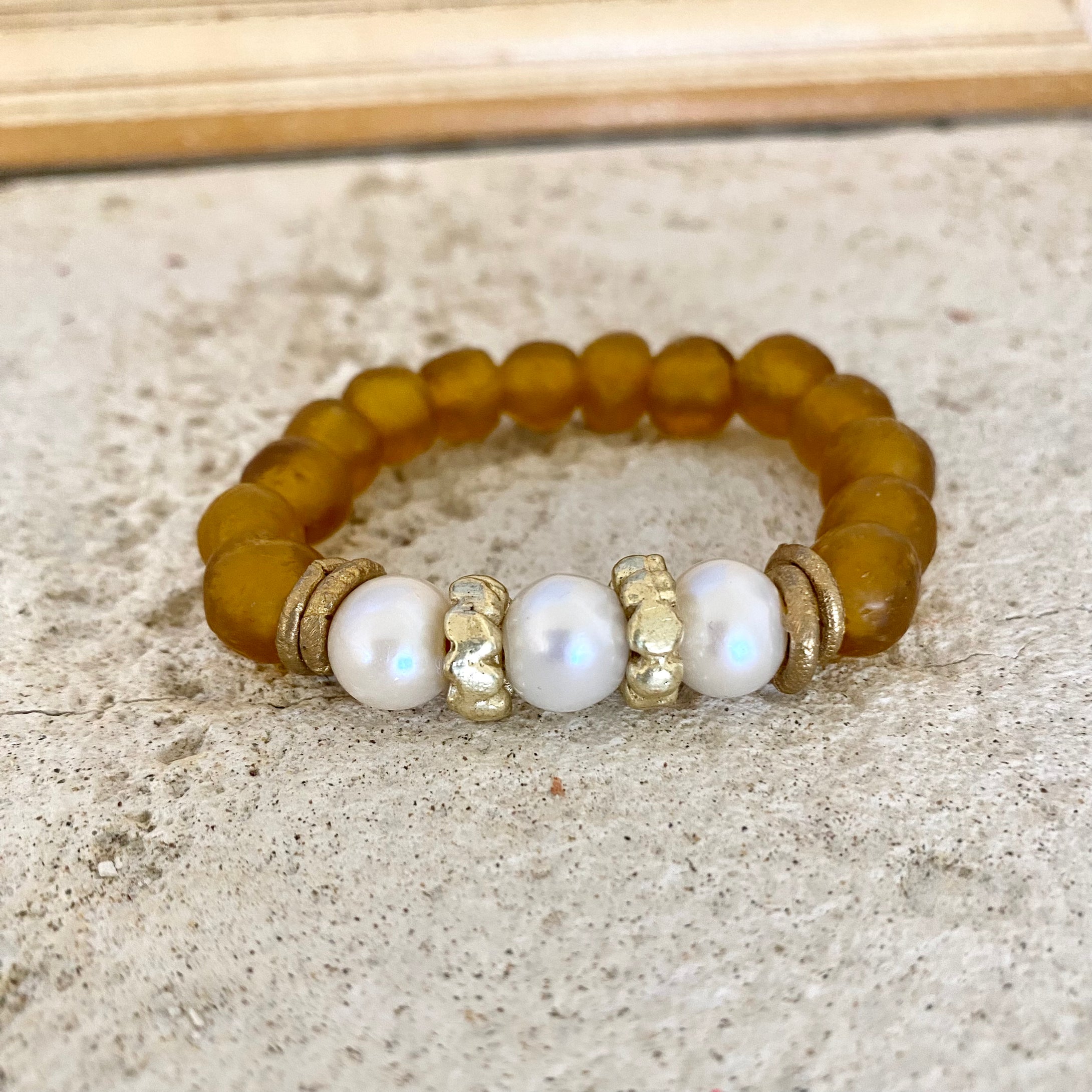 Freshwater Pearls & Gold Whiskey African Tribal Recycled Glass Stretch Bracelet