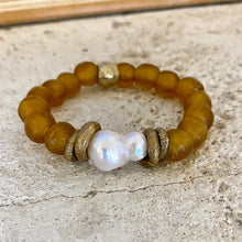 Load image into Gallery viewer, Bracelet with Chunky Baroque Pearls, Gold Whiskey African Tribal Glass, and Stretch Design
