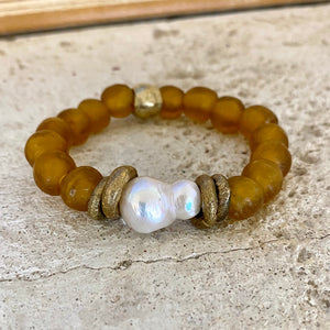Bracelet with Chunky Baroque Pearls, Gold Whiskey African Tribal Glass, and Stretch Design