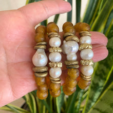 Load image into Gallery viewer, Chunky Stretch Bracelet with Baroque Pearls, Gold Whiskey African Glass, and Tribal Influence
