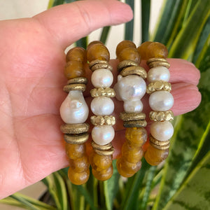 Chunky Stretch Bracelet with Baroque Pearls, Gold Whiskey African Glass, and Tribal Influence