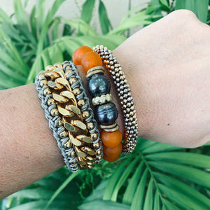 Black Pearl Bracelet, Orange African Tribal Recycled Glass, Sea Glass Beaded Chunky Bracelet