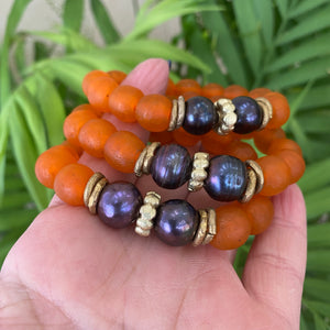 Black Pearl Bracelet, Orange African Tribal Recycled Glass, Sea Glass Beaded Chunky Bracelet