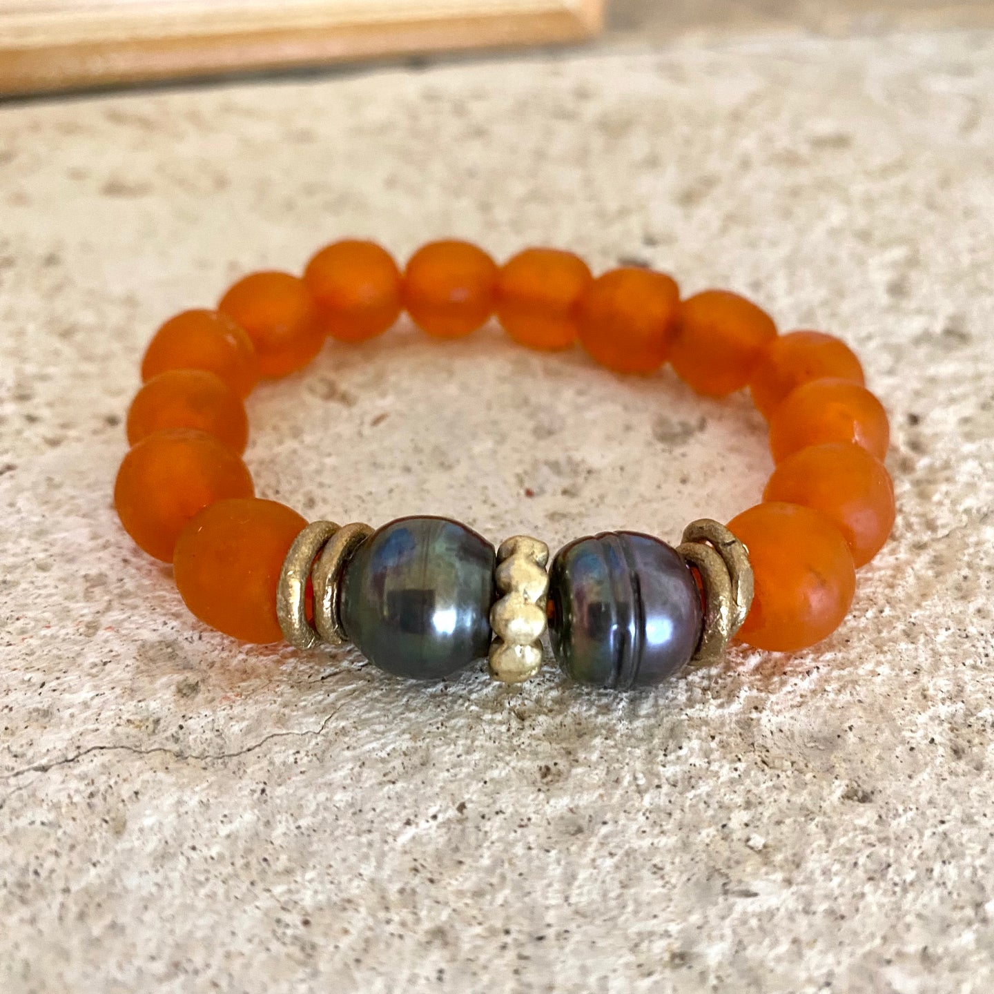 Black Pearl Bracelet & Orange African Tribal Recycled Glass