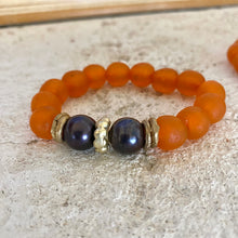 Load image into Gallery viewer, Black Pearl Bracelet, Orange African Tribal Recycled Glass, Sea Glass Beaded Chunky Bracelet
