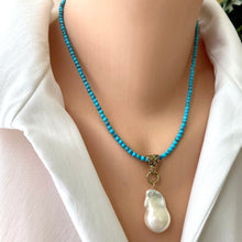 Charger l&#39;image dans la galerie, Turquoise &amp; Baroque Pearl Pendant Necklace w Artisan Gold Bronze Bail &amp; Gold Filled Details
