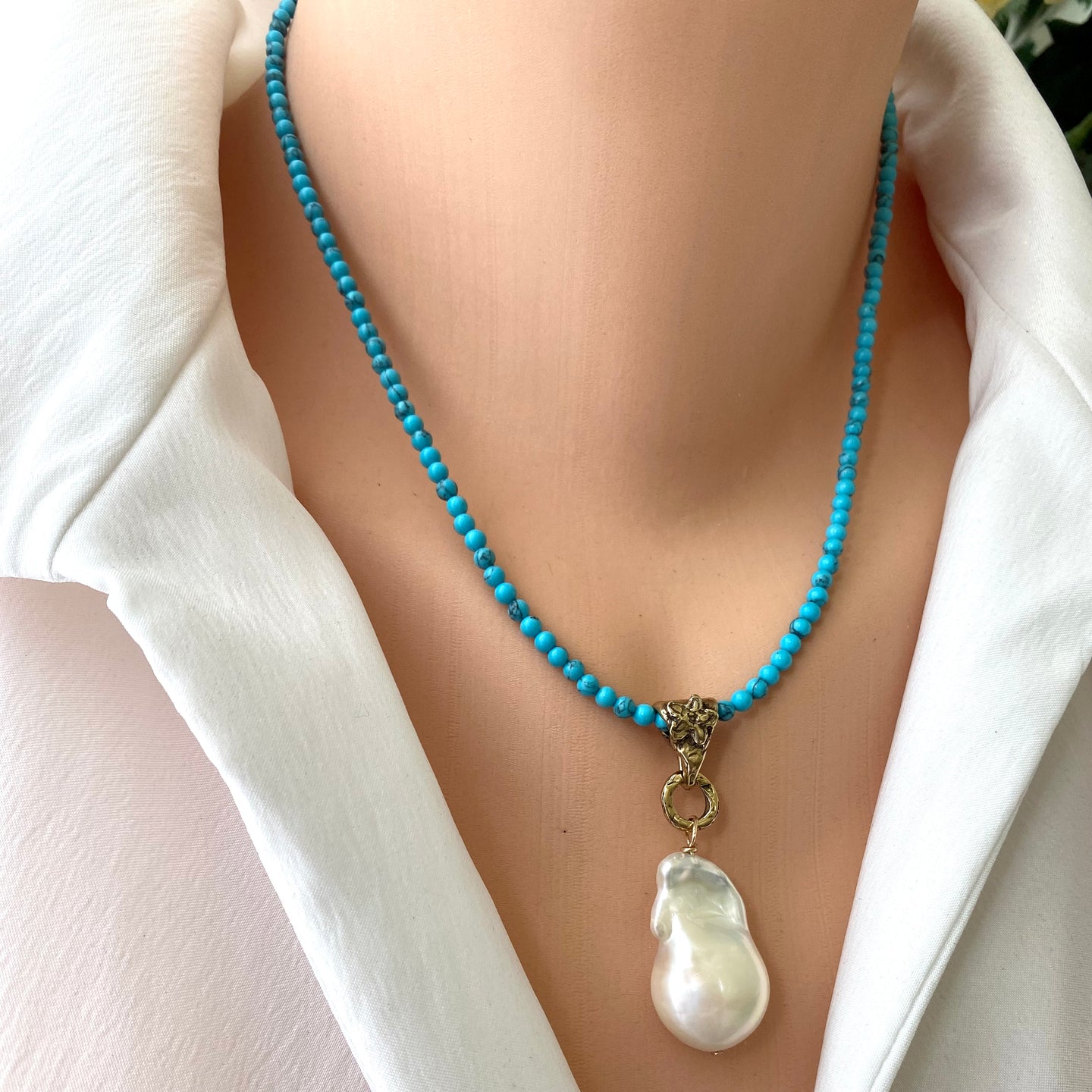 Turquoise & Baroque Pearl Pendant Necklace w Artisan Gold Bronze Bail & Gold Filled Details