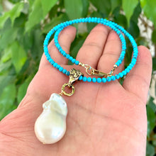 Load image into Gallery viewer, Turquoise &amp; Baroque Pearl Pendant Necklace w Artisan Gold Bronze Bail &amp; Gold Filled Details

