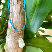 Load image into Gallery viewer, Turquoise &amp; Baroque Pearl Pendant Necklace w Artisan Gold Bronze Bail &amp; Gold Filled Details
