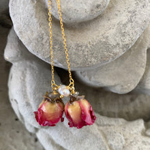 Cargar imagen en el visor de la galería, Real Red Roses and Freshwater Pearl Threader Earrings, 4.5&quot;in Gold Vermeil Plated Silver
