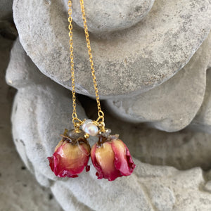 Real Red Roses and Freshwater Pearl Threader Earrings, 4.5"in Gold Vermeil Plated Silver