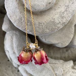 Real Red Roses & Freshwater Pearl Threader Earrings