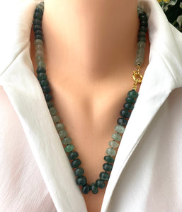 Hand Knotted Ombre Green Strawberry Quartz Candy Necklace, Gold Vermeil Plated Marine Clasp, 19"or23”inches,