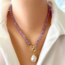Load image into Gallery viewer, Amethyst Toggle Necklace w Baroque Pearl, Gold Plated Tulip Clasp, 18&#39; in, February Birthday
