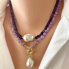 Charger l&#39;image dans la galerie, Amethyst Toggle Necklace w Baroque Pearl, Gold Plated Tulip Clasp, 18&#39; in, February Birthday

