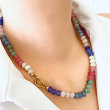 Cargar imagen en el visor de la galería, hand knotted Soft colors gemstone necklace with heart clasp
