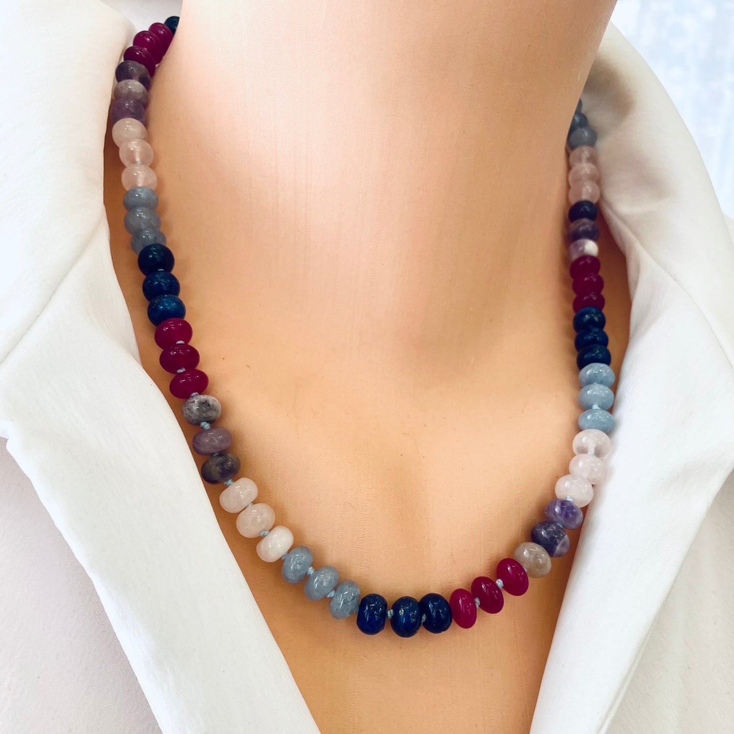 Lapis Lazuli, Rose Quartz & Jade Denim Candy Necklace, Silver Interlocking Clasp, 19