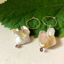 Load image into Gallery viewer, Natural Keshi Pearl and Gold Filled Hoop Earrings with Light Purple Cubic Zirconia
