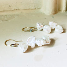 Cargar imagen en el visor de la galería, Keshi Pearl Drop Earrings, Gold Filled Hook and Blue Cubic Zirconia Bezel
