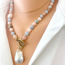 Charger l&#39;image dans la galerie, Morganite &amp; Aquamarine w Baroque Pearl Toggle Necklace, Gold Filled, Gold Bronze, 19&quot;in
