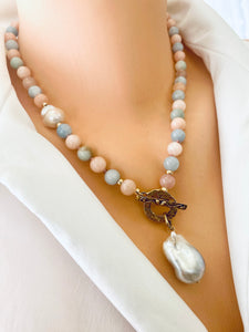 Morganite & Aquamarine w Baroque Pearl Toggle Necklace, Gold Filled, Gold Bronze, 19"in