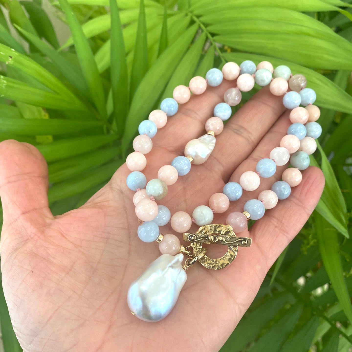 Morganite & Aquamarine w Baroque Pearl Toggle Necklace, Gold Filled, Gold Bronze, 19