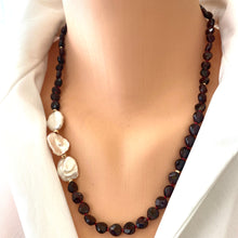 Load image into Gallery viewer, Garnet Heart Shape Beads &amp; Keshi Pearls Necklace, January Birthstone, Gold Filled Details, 21&quot;inches
