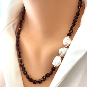 Garnet Heart Shape Beads & Keshi Pearls Necklace, January Birthstone, Gold Filled Details, 21"inches