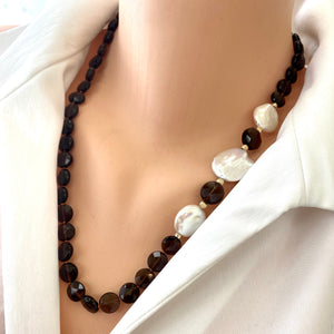 Smoky Quartz Flat Coin Beads & Fresh Water Coin Pearls Short Necklace, Gold Filled Details, 22"inches