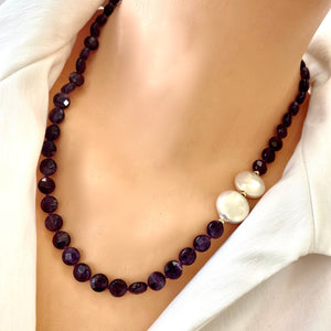 Amethyst Coin Beads and Coin Pearls Necklace, February Birthstone, Gold Filled Details, 20"inches