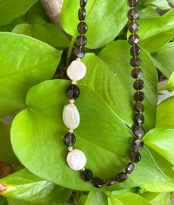 Smoky Quartz Flat Coin Beads & Fresh Water Coin Pearls Short Necklace, Gold Filled Details, 22"inches