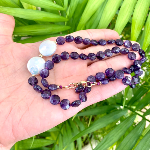 Amethyst Coin Beads and Coin Pearls Necklace