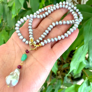 Grey Button Shape Pearl Necklace, Ruby, Chrysoprase & Baroque Pearl Removable Pendant, Gold Vermeil, 18" – Handmade in Canada