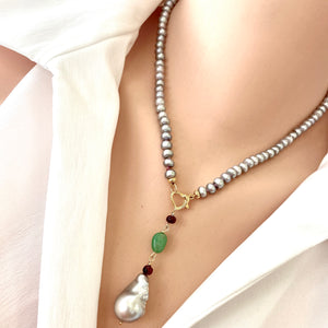 Grey Button Shape Pearl Necklace, Ruby, Chrysoprase & Baroque Pearl Removable Pendant, Gold Vermeil, 18"in